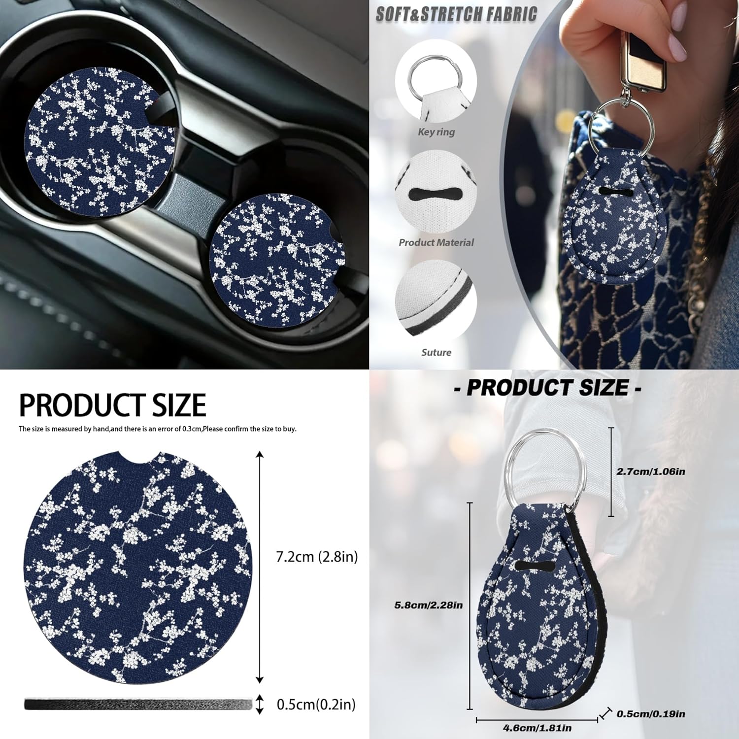 14 Pcs Floral Car Seat Covers Full Set Car Trash Can Coaster Seat Center Console Keychain Gear Lever and Handbrake Steering Wheel Seat Belt Covers/Chambray Bloom