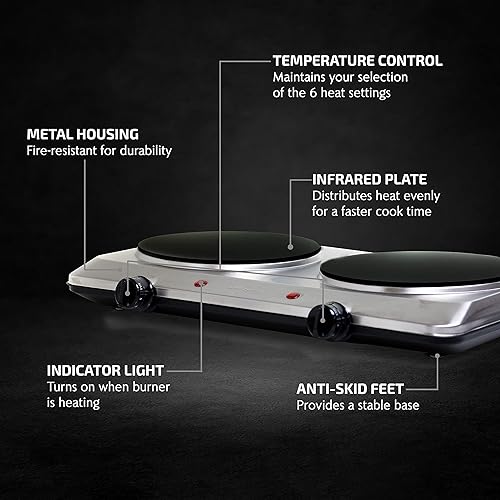 Miniatura 2 de Ovente - Quemador eléctrico doble infrarrojo de 75 pulgadas de cerámica con 6 niveles de control de temperatura y base de acero inoxidable fácil de