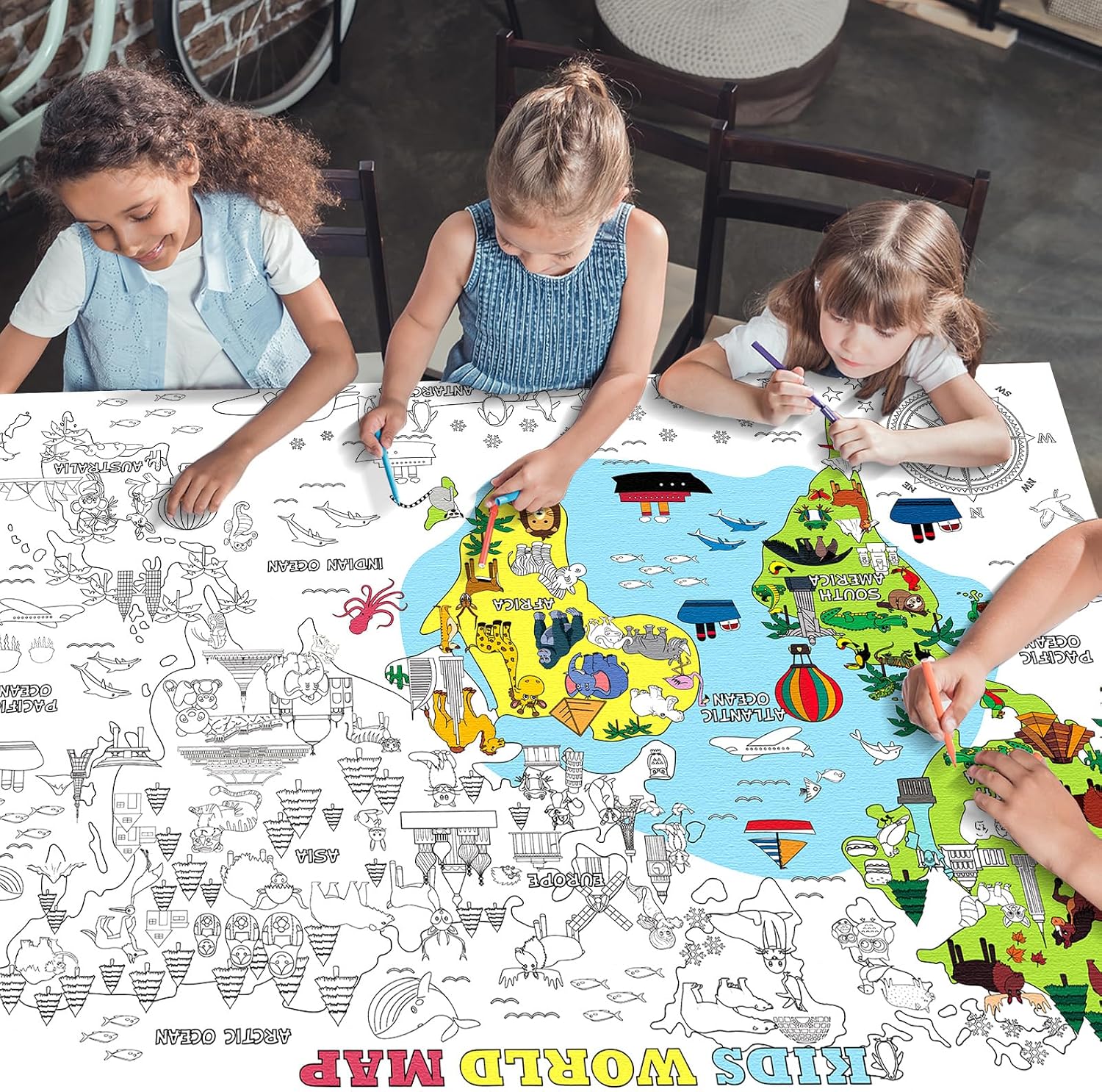 World Map Coloring Poster Giant Washable Coloring Tablecloth for Kids 57" x 37.4" Color Your Own Map Fabric Coloring Tablecloth Educational Learning Activity Arts Crafts for Kid Adult Party Decoration