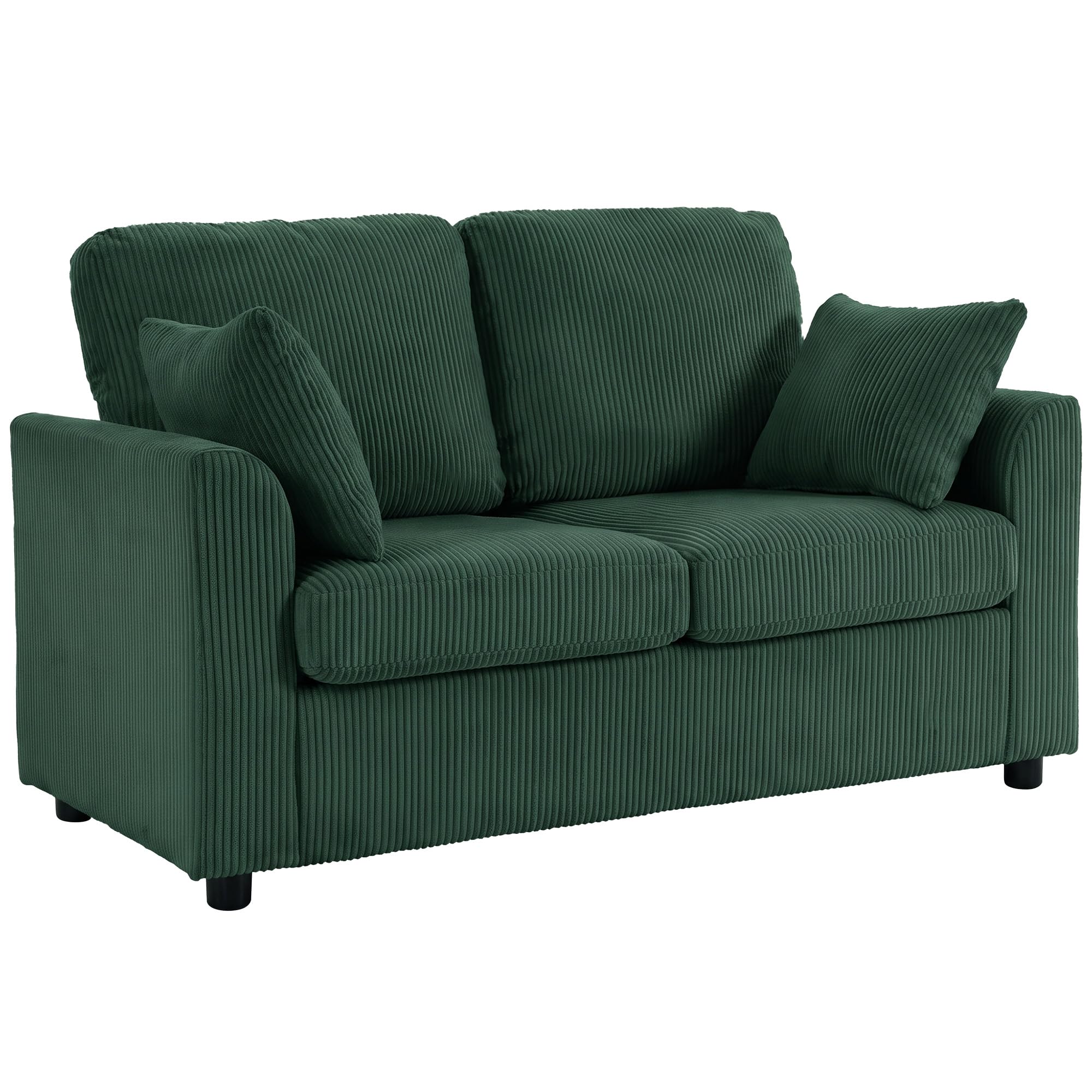 HOMCOM 2 Seater Sofa, 144cm Corduroy Small Couch with Spring Cushion, Wide and Deep Seat, Plush Backrest, 2 Pillows, Loveseat Sofa Settee for Small Space, Living Room, Bedroom, Home Office, Dark Green