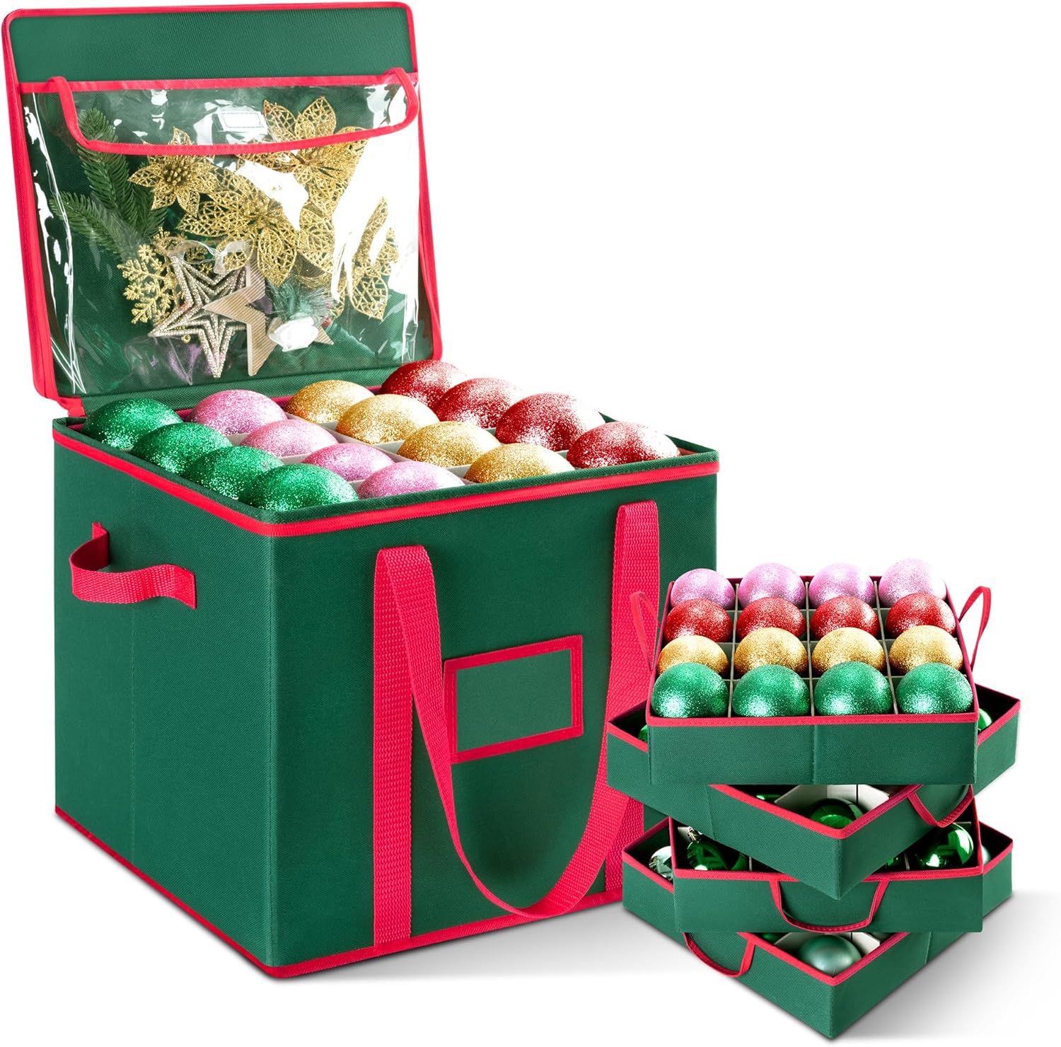 GRANNY SAYS Christmas Ornament Storage Box, Xmas Ornaments Organizer, Holiday Decoration Ornament Storage Container with 4 Removable Trays, Adjustable Dividers, Stores Up to 64-3" Ornaments, Green 64 - 3" Ornaments Green with 4 Trays