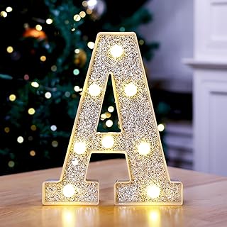 Marquee Light Up Letters, Glitter Silver LED Letter Lights Battery Powered Alphabet Letter Sign for Night Light Wedding Birthday Party Cafe Bar Decoration Girls Room Decor - A
