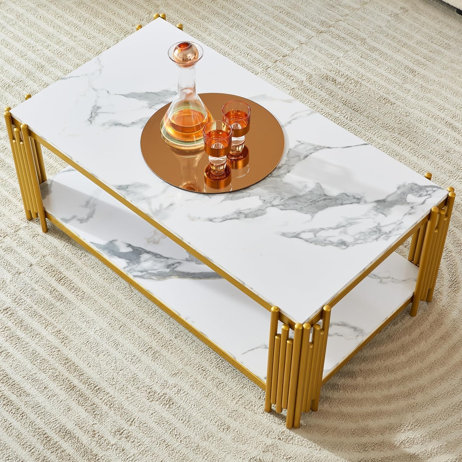 47 inch White Marble Coffee Table with Gold Chrome Metal Base, 2-Tier Rectangle Faux Marble Center Table Cocktail Tables, Modern Coffee Table Living Room Table, 47" White Center Tables
