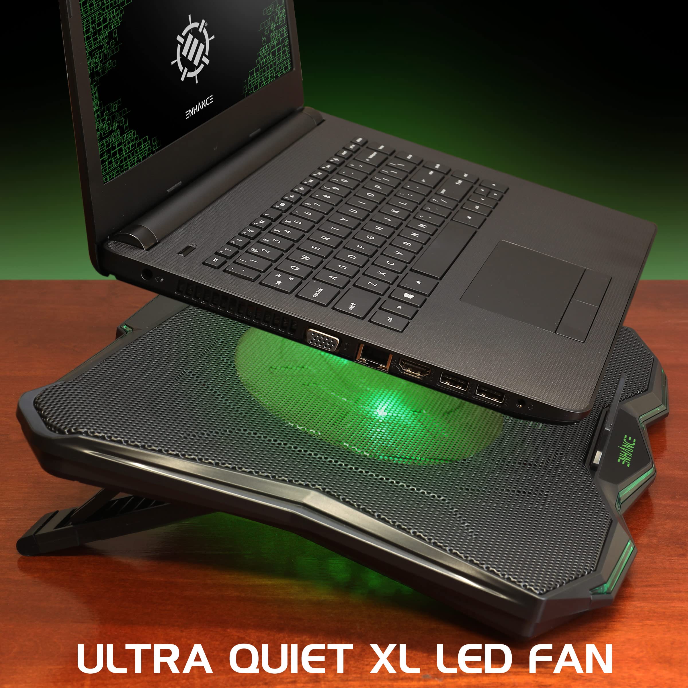 ENHANCE Support Refroidisseur PC Portable, Plaque de Refroidissement de 1 Ventilateurs avec LED Vert et 2 Ports USB - Compatible avec Ordinateur Portable et Notebook de 17 Pouces - Dim: 40 x 30.4 cm
