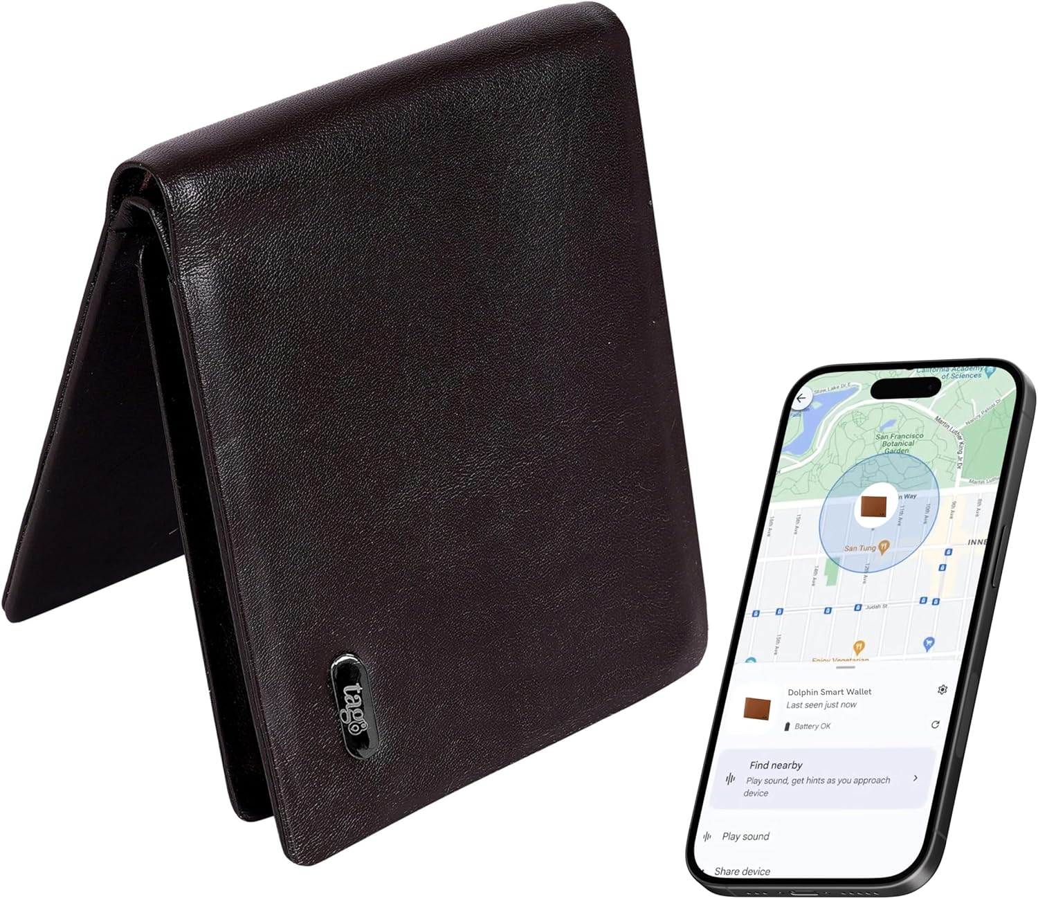tag8 Smart Wallet for Men and Women | Works with Apple Find My (iOS Only), GPS Location, RFID Blocking | Handcrafted Stitchless Leather, Wireless Charging, Anti-Lost Slim Bifold Wallet - Black