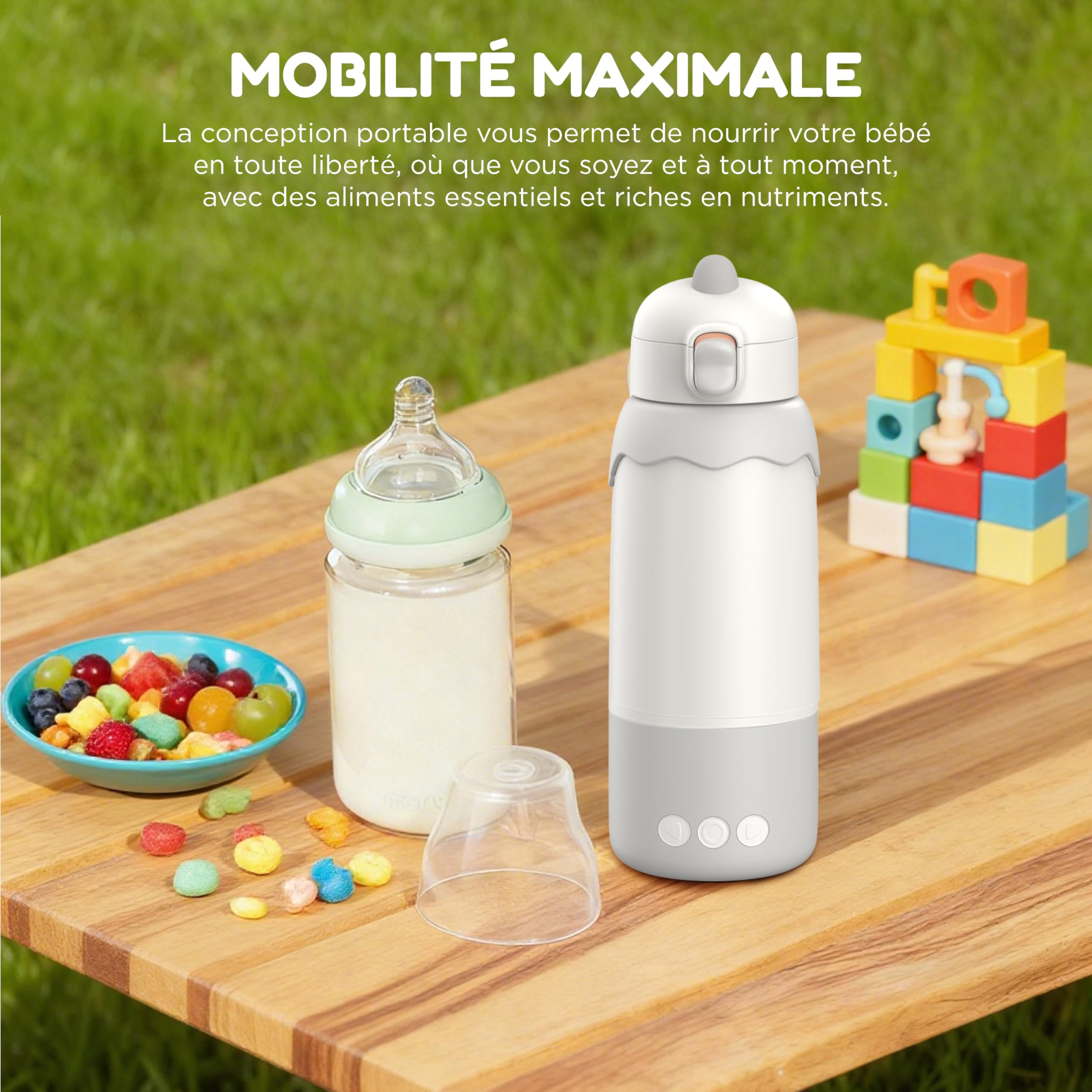 Chauffe Biberon Portable Nomade, 500ml Sans Fil pour Voyage | Température 37-55°C, Acier Inoxydable 316, Batterie 4x2700 mAh, Chauffage Rapide, Gobelet Amovible, Stérilisation Biberon