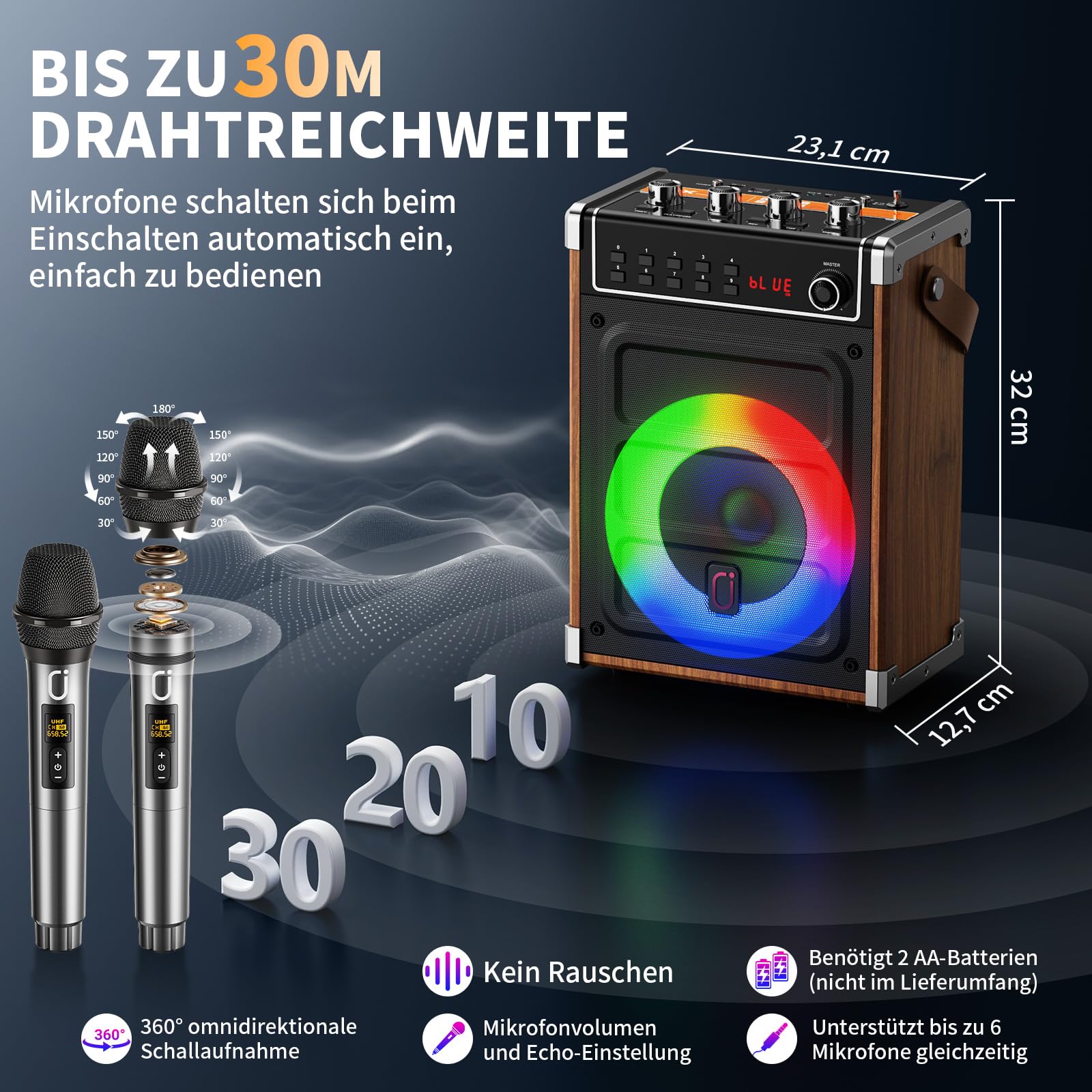 JYX Karaoke Maschine mit 2 UHF-Funkmikrofonen, Bluetooth-Lautsprecher mit Bass-/Höhen-Einstellung und LED-Licht, PA-Systemunterstützung TWS, AUX in, FM, Rec, Versorgung für Party/Erwachsene/Kinder