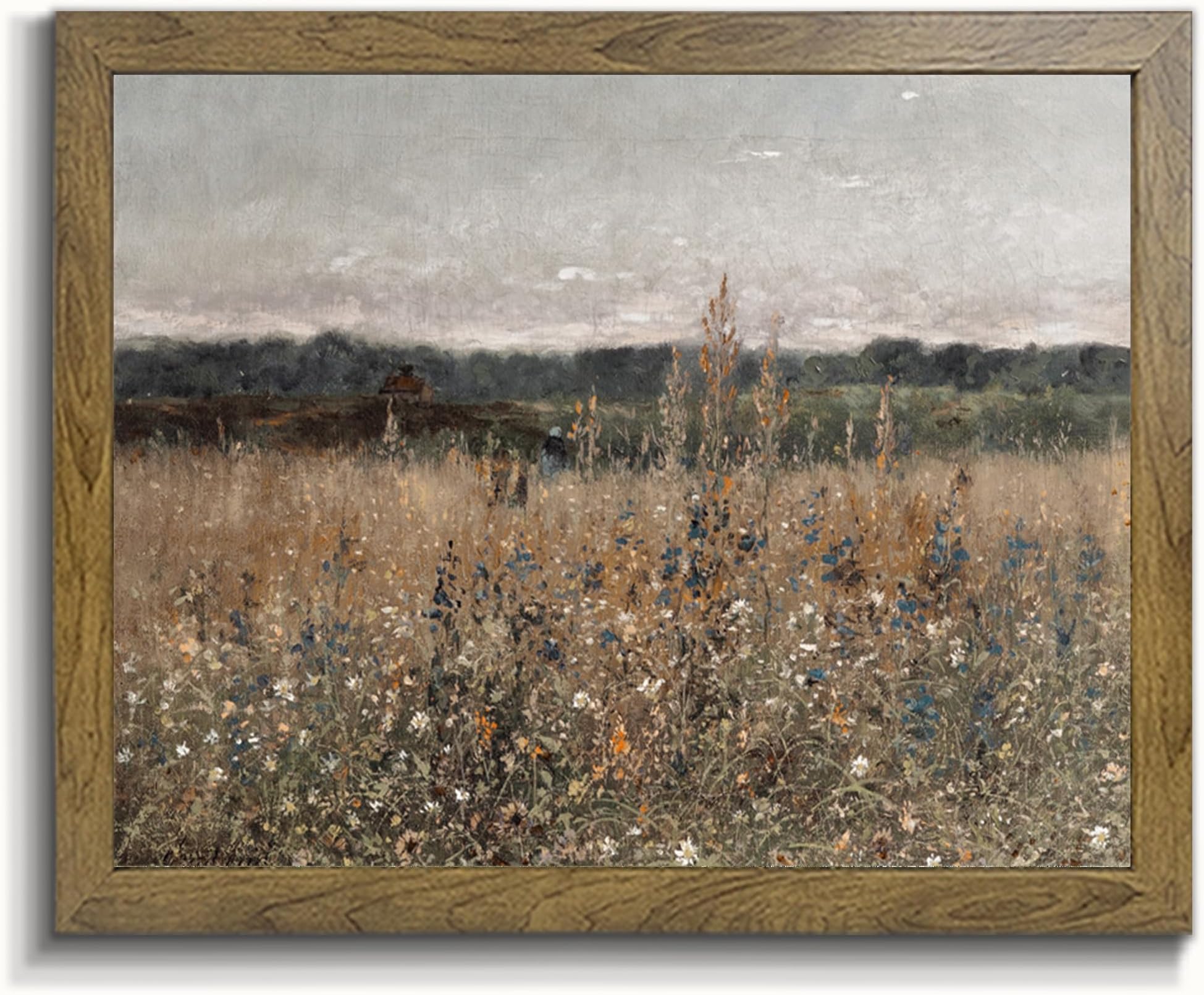 Wildflower Field Landscape Picture - Vintage Landscape Art Print, Country Field Wall Art - Framed Canvas Prints Wall Art Home Decor, Vintage Landscape Art Print Farmhouse Painting