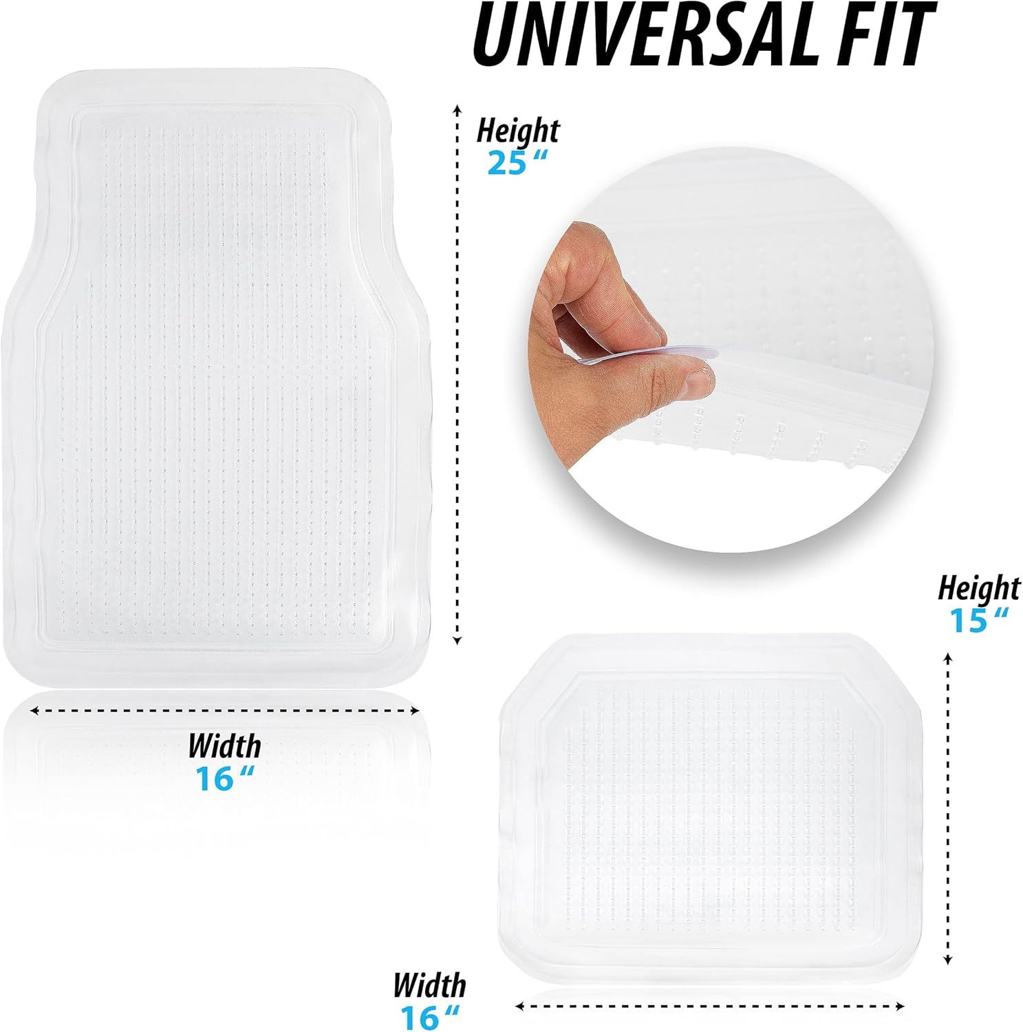 Diagram showing universal fit dimensions of ZONETECH floor mats
