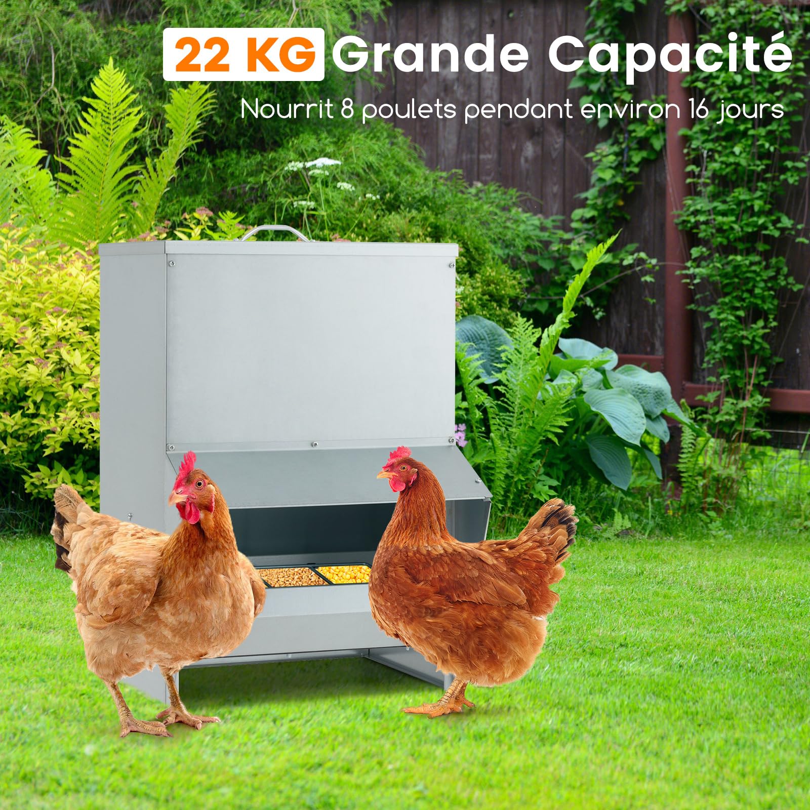COSTWAY Mangeoire Poules XXL Anti Nuisible 22 kg, Fixation Murale/Sol, Métal Galvanisé, Mangeoire Poule Automatique pour Canards Oies Faisans Dindes, Ideal Microfermes et Élevages Familiaux