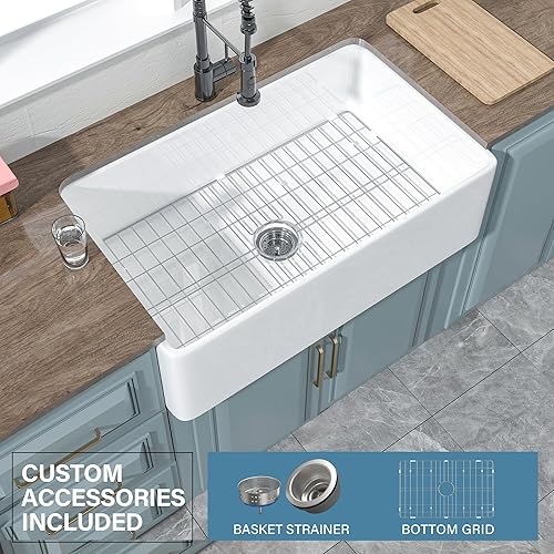 Miniatura 7 de Fregadero de granja de 33 x 20 pulgadas, fregadero de granja blanco, fregadero de cocina de granja, fregadero de cocina de granjero, fregadero de