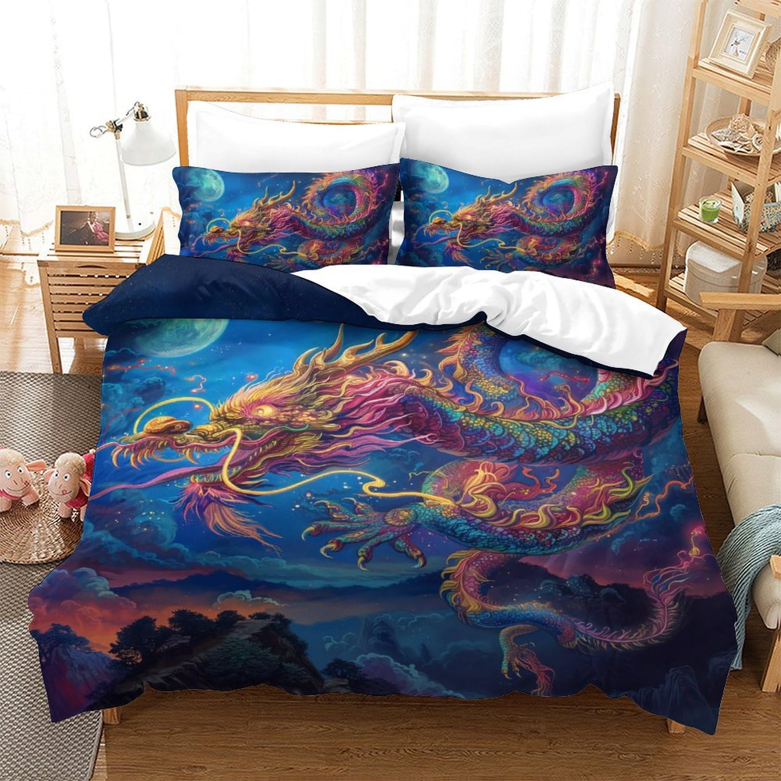 Housse de couette dragon zippée en microfibre respirante douce pour lit double enfant