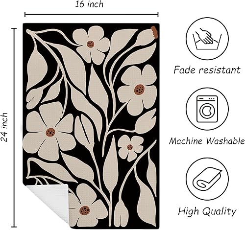 Miniatura 7 de Juego de toallas de cocina y baño, diseño floral retro de los años 70, color beige y negro, 2 toallas de mano de 16 x 24 pulgadas
