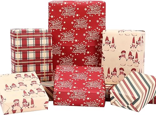 PlandRichW Papel de regalo de Navidad, 12 hojas de papel kraft marrón plegado con rojo y verde, saludos, muñeco de nieve, cuadros, rayas, colección
