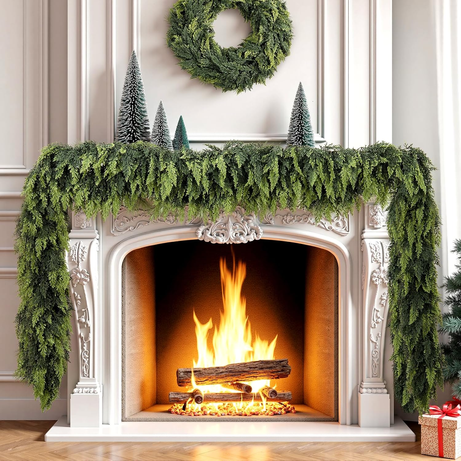 9 Ft Real Touch Christmas Garland with 210 Branches - Cedar Garland Thick and Lush, Artificial Realistic Full Cedar Pine Garlands for Fireplace Mantel Table Indoor Outdoor Xmas Holiday Decoration