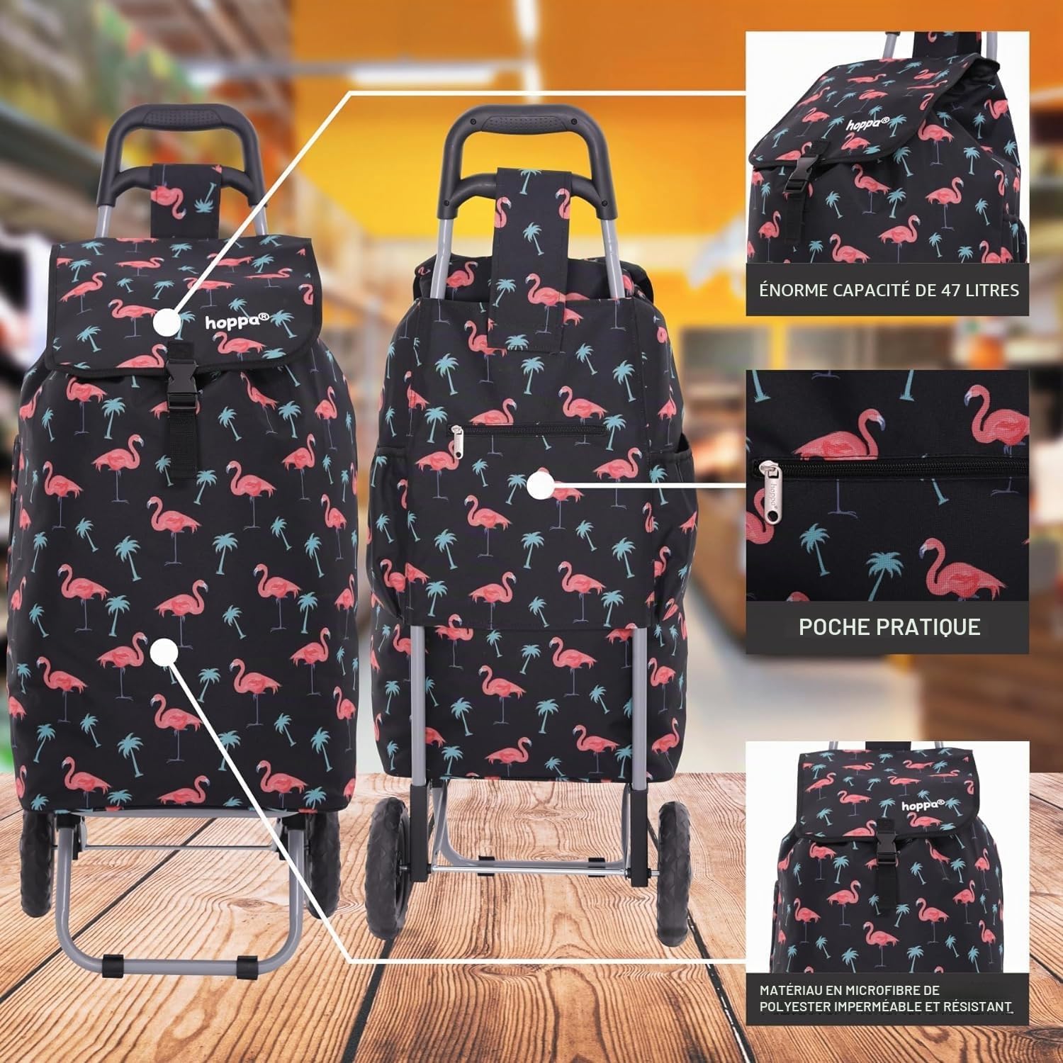 Hoppa 47L Chariot à roulettes léger à 2 Roues - Chariot de Courses Pliable et résistant - Poussette de marché imperméable de qualité supérieure - Sac de Chariot de Courses avec Poche - Flamant