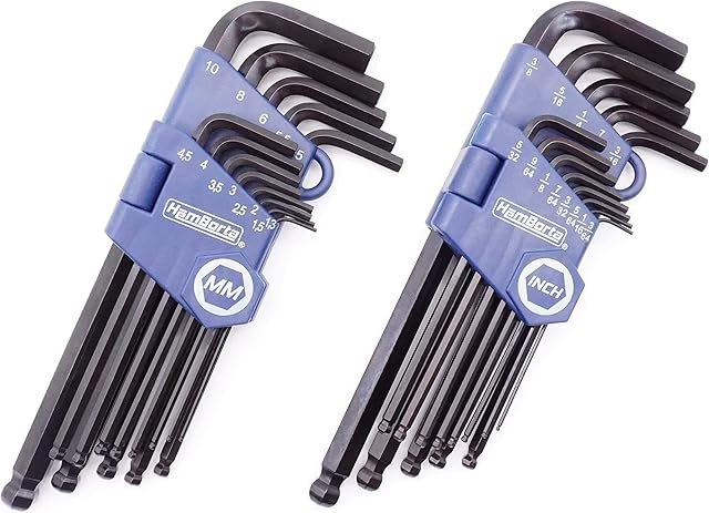 HemBorta® Allen Key Set Ball End Long 26pcs Metric/Imperial Alan Keys Sets 1.27-10mm Metric Allen Keys 3/64-3/8inch Imperial Allan Keyes, Heat Treated CRV Steel Hex Key Set
