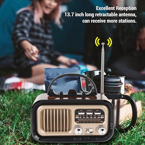 Miniatura 3 de Radio retro AM FM SW Bluetooth, radios de transistor vintage portátiles con altavoz y antena retráctil, TWS, solarfunciona con bateríarecargable,