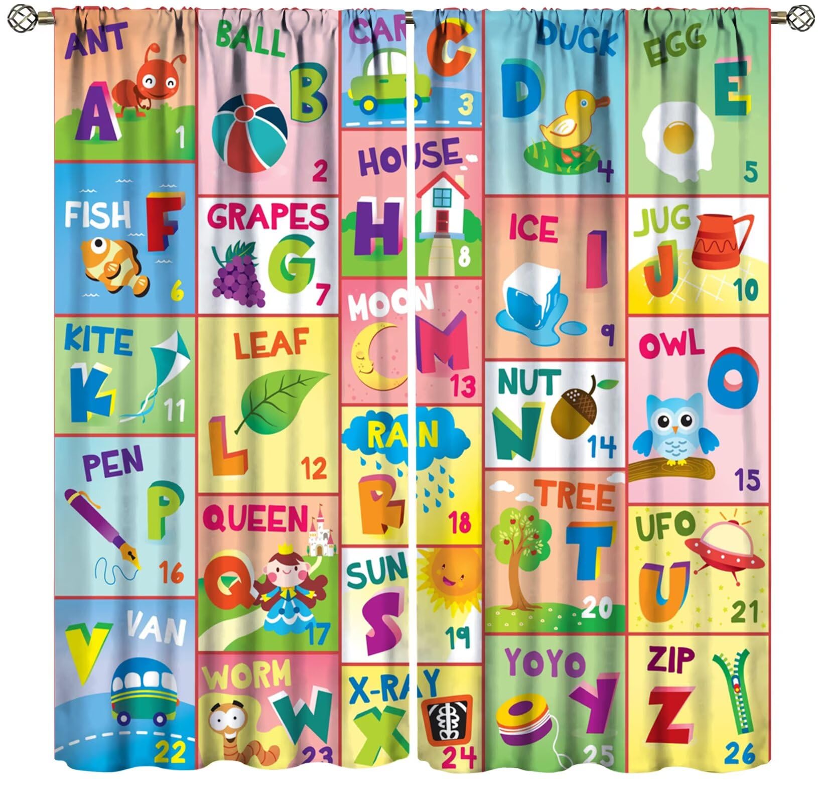 Colorful ABC Classroom Nursery Curtains Kids Alphabet Learning Baby Boys Girls Curtain with Rod Pocket for Children Toddler Playroom Home Drapes Window Treatments 2 Panels Set 42