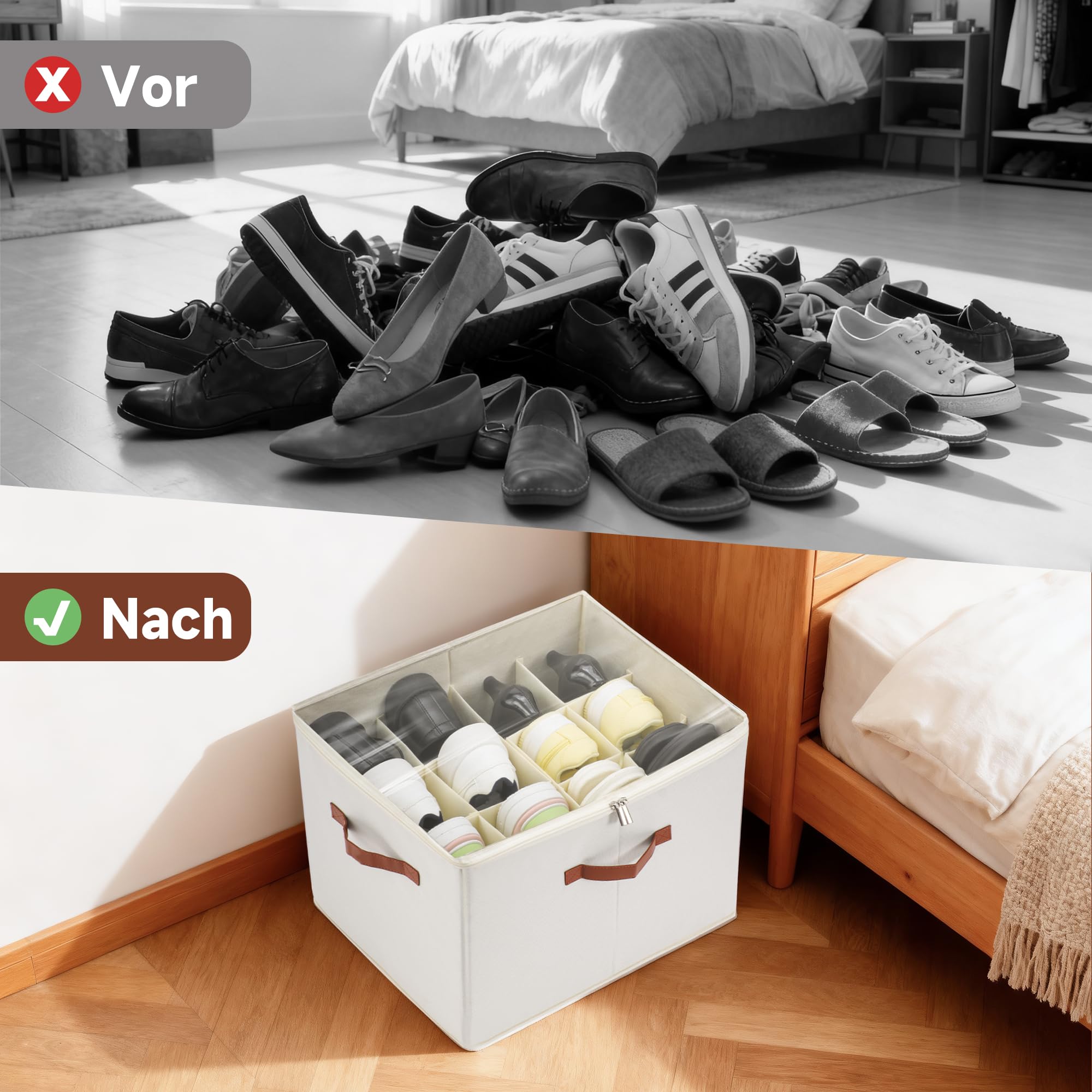 2er-Set Schuhorganizer für den Schrank, faltbare Aufbewahrungsbox mit verstellbaren Trennwänden & Klarsichtdeckel, Platz für bis zu 12 Paar Schuhe, platzsparende Schuhboxen (weiß, mittel)