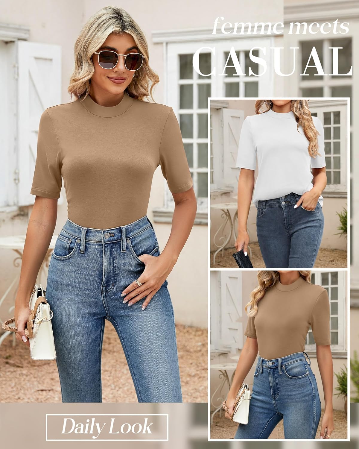 Ficerd 2 Pack Women's Mock Turtleneck T Shirts, Half Sleeve Business Casual Tunic Tops Slim Fit Summer Basic Dressy Tee Shirt - Image 6