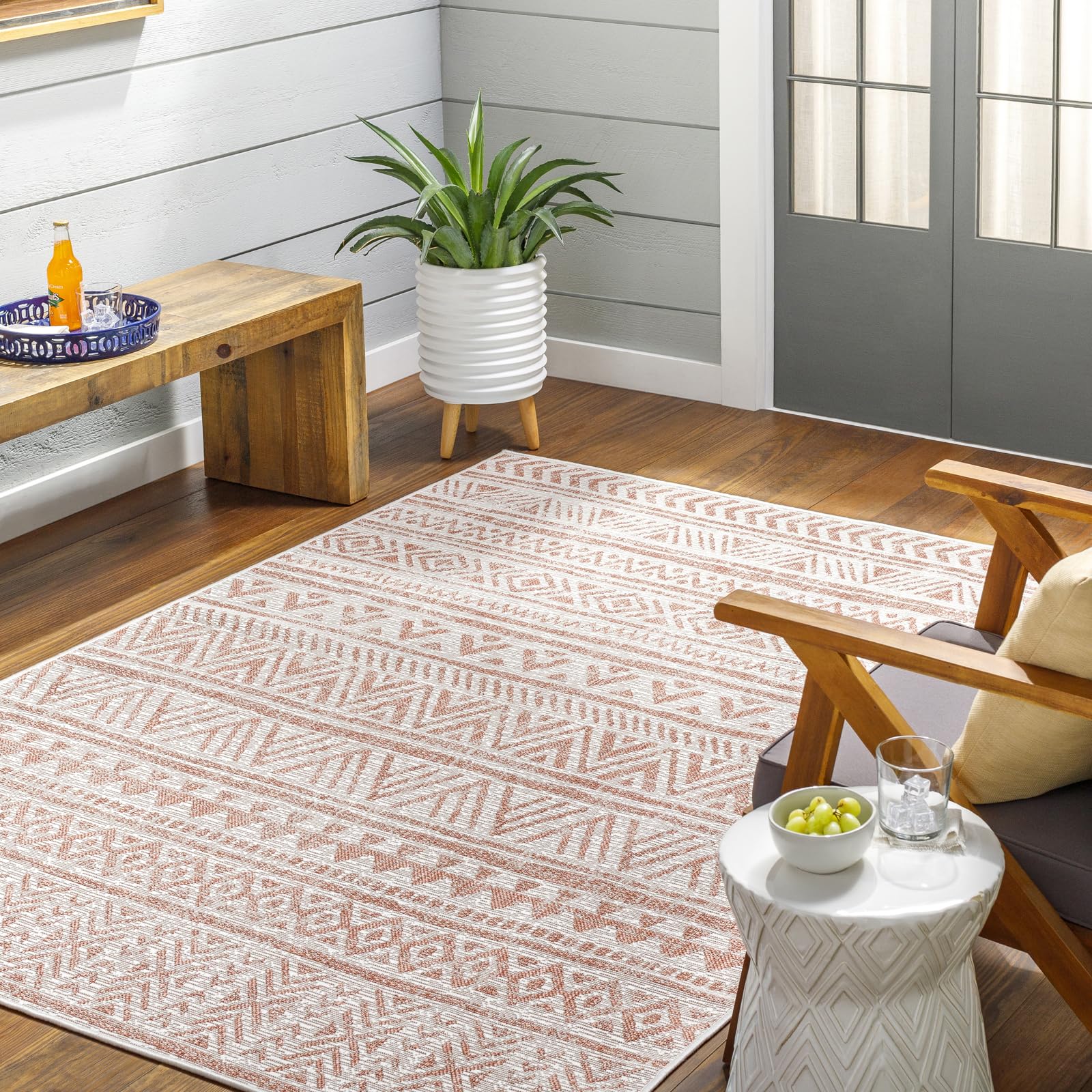 LIVABLISS Diksha Alora Geometric Indoor Outdoor Carpet 160x230 cm, Boho Pattern for Garden, Patio & Indoor Use, UV & Stain Resistant, Mustard Ivory