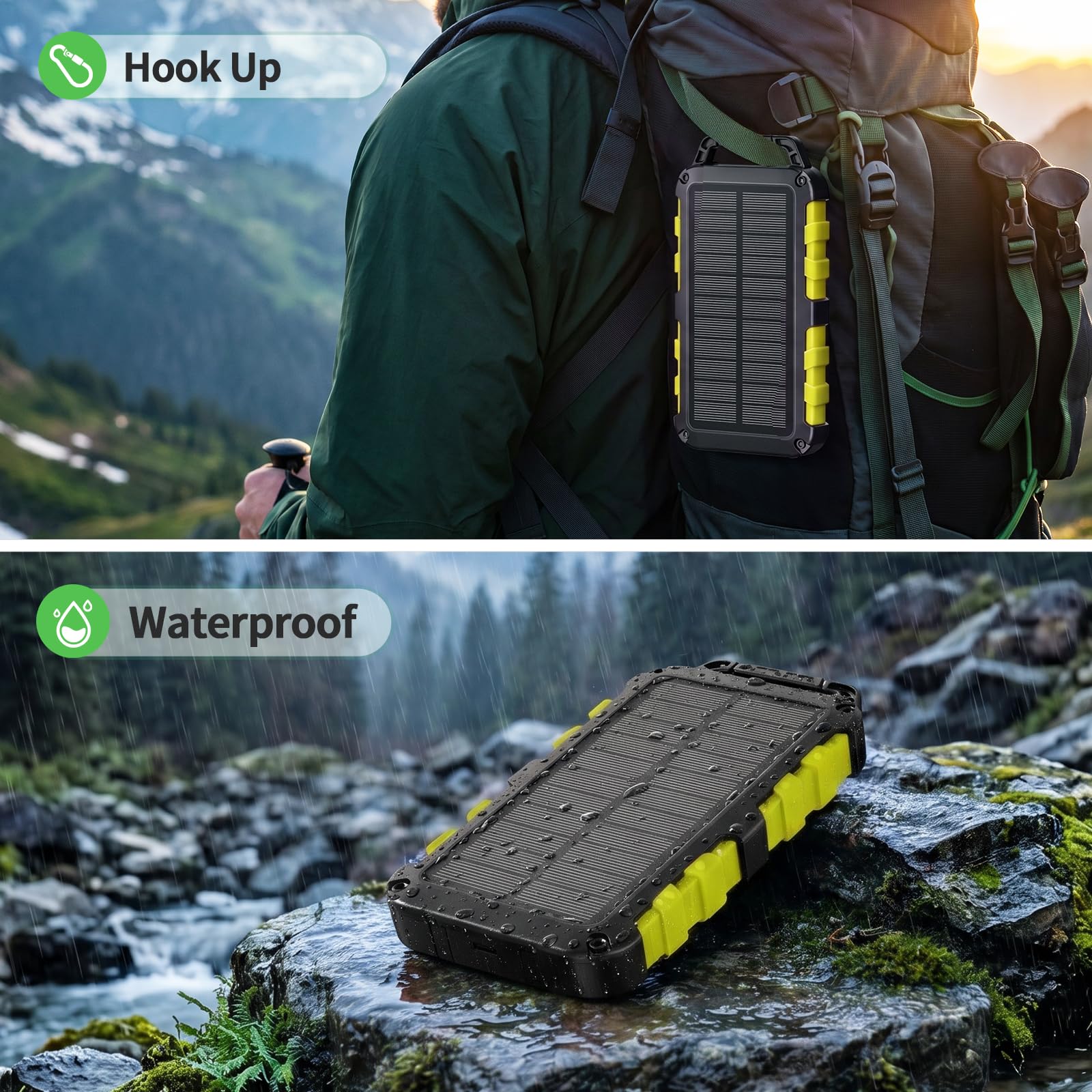 Powerbank solare da 10000 mAh, caricatore solare portatile, USB C, per esterni, impermeabile, batteria esterna con luce LED e 3 uscite per tablet, smartphone, esterni, campeggio, verde
