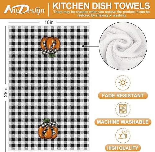 Miniatura 2 de Juego de 4 toallas de cocina otoñales con diseño de calabaza, diseño a cuadros de búfalo, 18 x 28 pulgadas, para secado a mano para Acción de