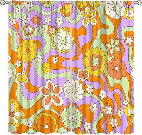 Miniatura 15 de Cortinas con diseño floral, estilo retro campestre de los años 70 y 1960, hippie y bohemio, con flores modernas, para cocina, dormitorio, hogar,