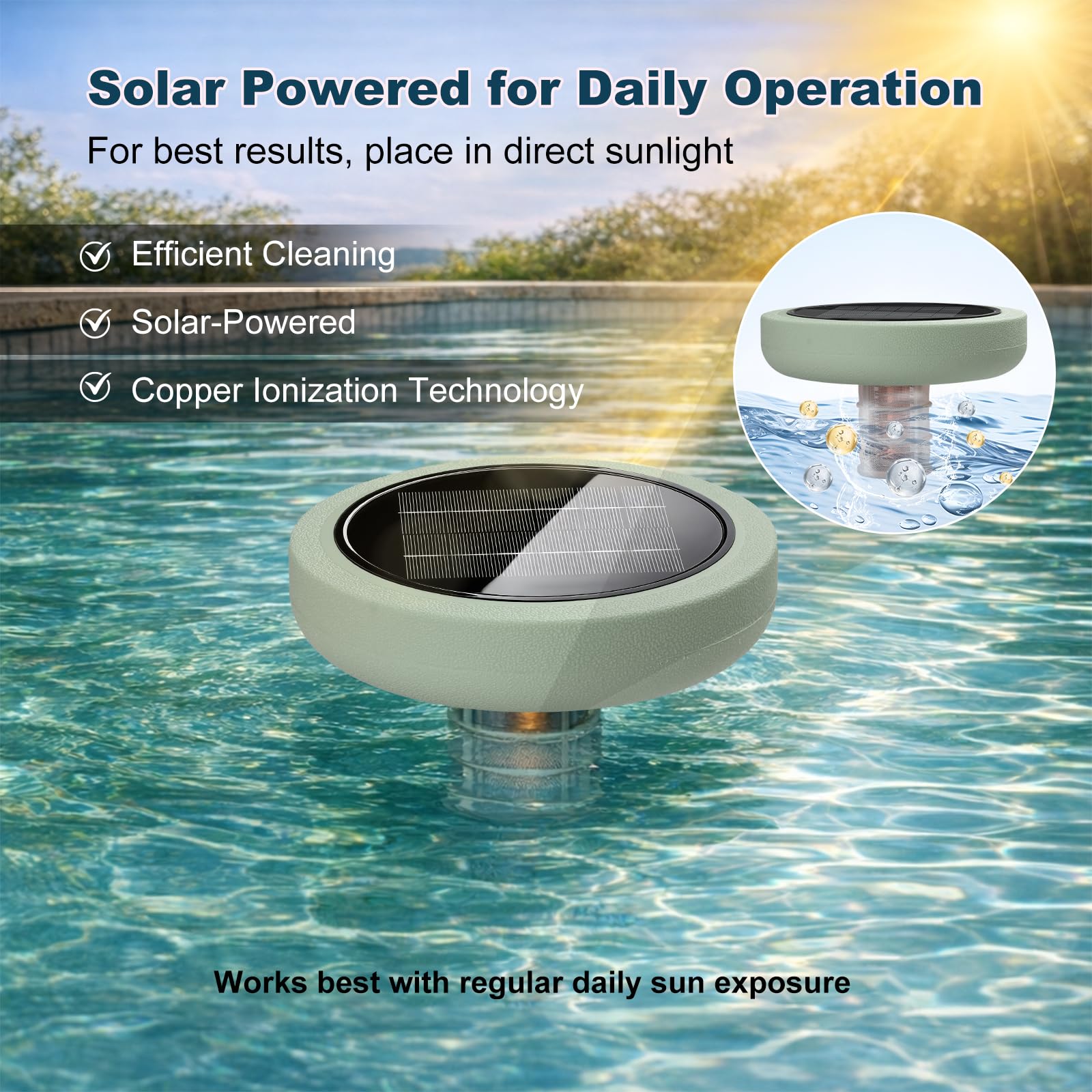 Ionizzatore Solare Per Piscine, Purificatore In Rame Per Piscine Domestiche, Pulitore Acqua Per Piscine Interrate E Fuori Terra, Portata Massima 151.400 Litri, Ideale Per La Tua Piscina (Azzurro)