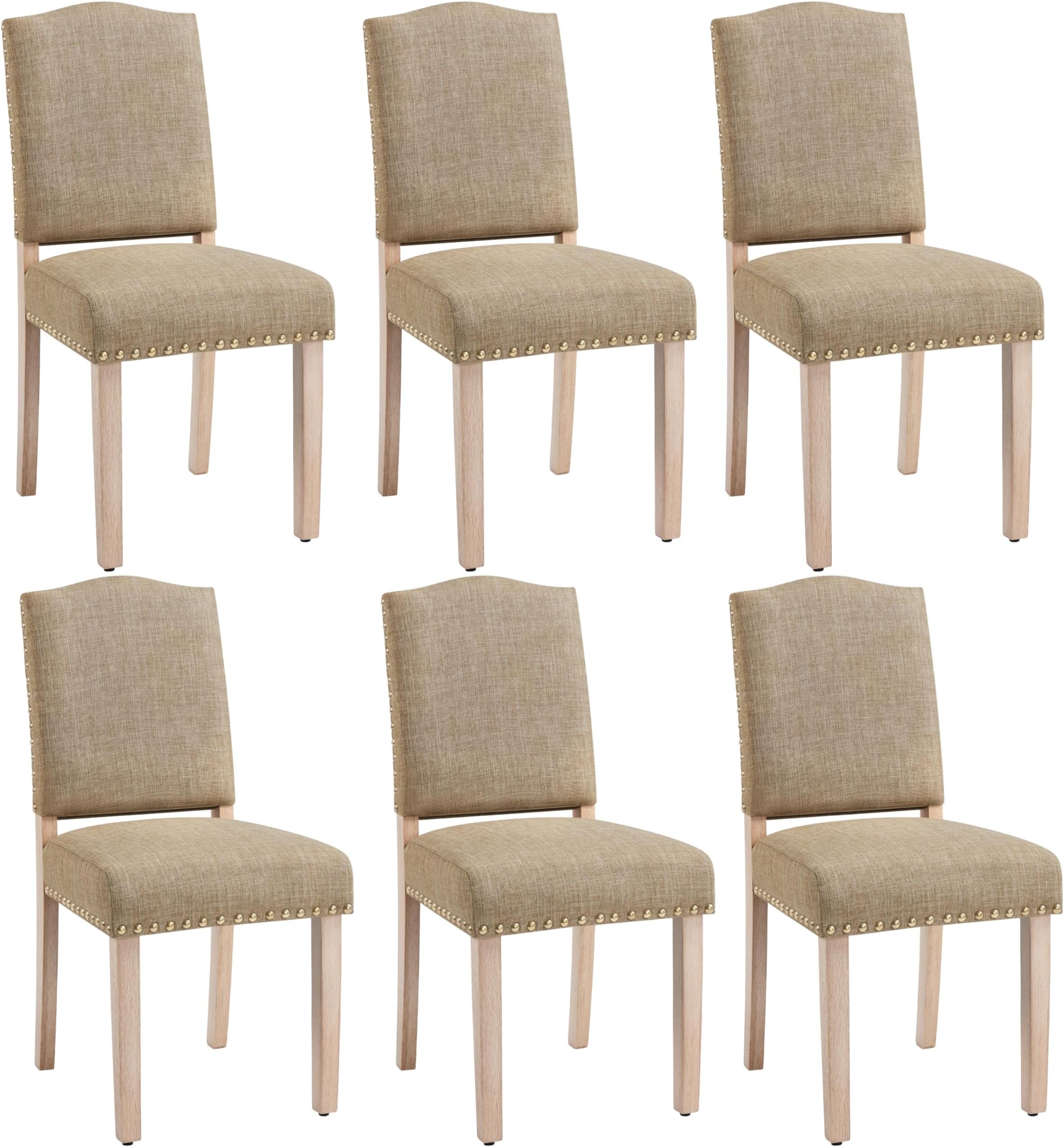 Yaheetech Modern Dining Room Chairs Set of 6 Kitchen Chairs with Nailhead Trim and Upholstered Seat for Home, Living Room, Khaki