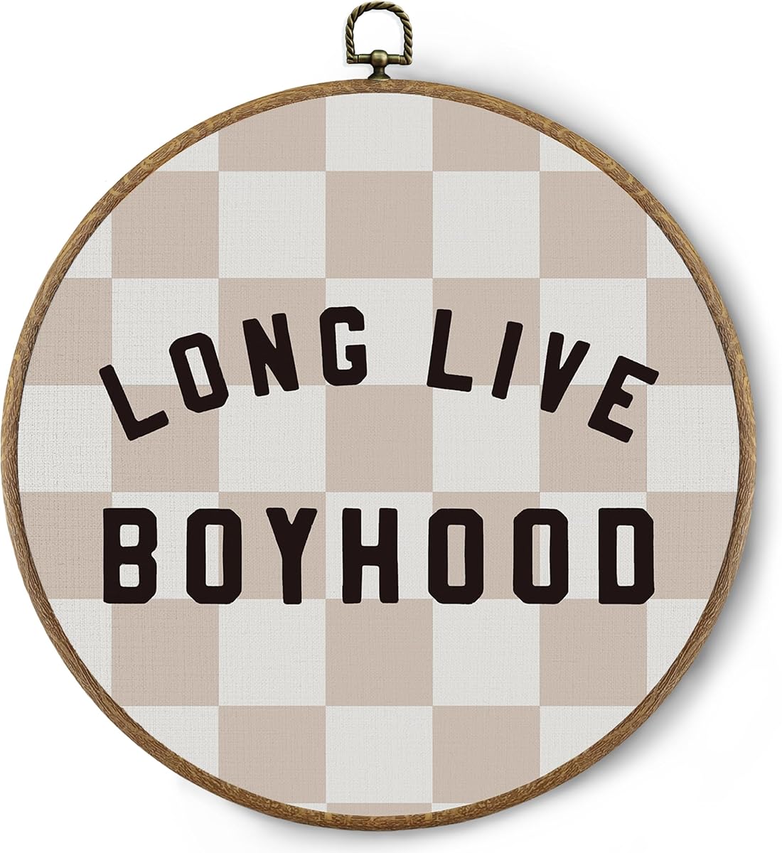 BitKAM Boy Nursery Round Wall Art Decor, Long Live Boyhood Canvas Prints Framed, Retro Beige Checkered Wall Hanging Decorations for Kids Boys Nursery Bedroom Playroom, 10x10 Inch Wall Sculptures