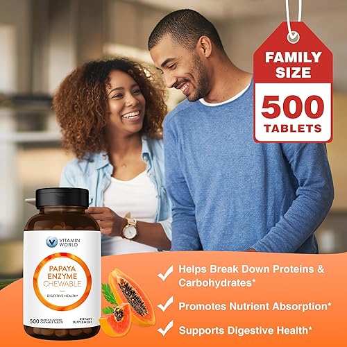 Miniatura 4 de Vitamin World Papaya Enzymes masticables 500 tabletas - Papaína, amilasa y proteasa para digestión y absorción de nutrientes, sabor a papaya, sin