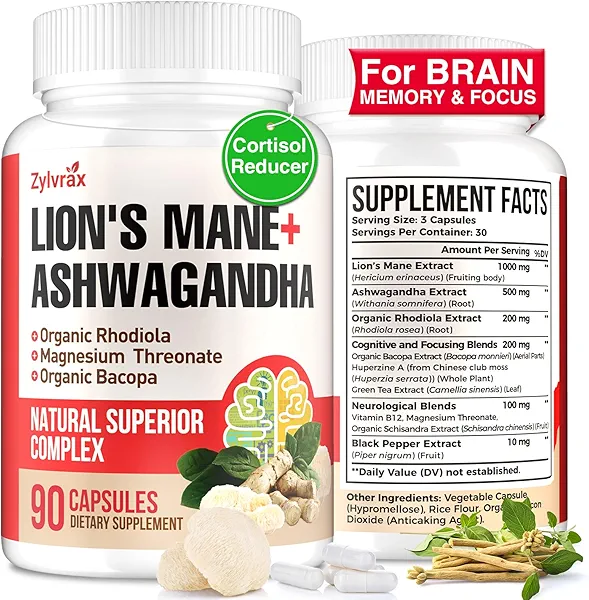 Ashwagandha & Lions Mane Supplements Capsules, Brain Supplements for Memory and Focus, Organic Ashwagandha with Rhodiola Rosea for Cognitive, Immune Support, Cortisol Supplement for Women, 90 Capsules