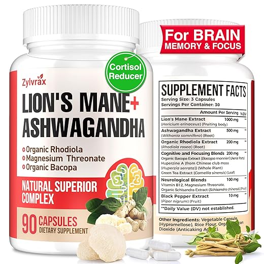 Ashwagandha & Lions Mane Supplements Capsules, Brain Supplements for Memory and Focus, Ashwagandha with Rhodiola Rosea for Cognitive, Immune Support, Cortisol Supplements for Women, 90 Capsules