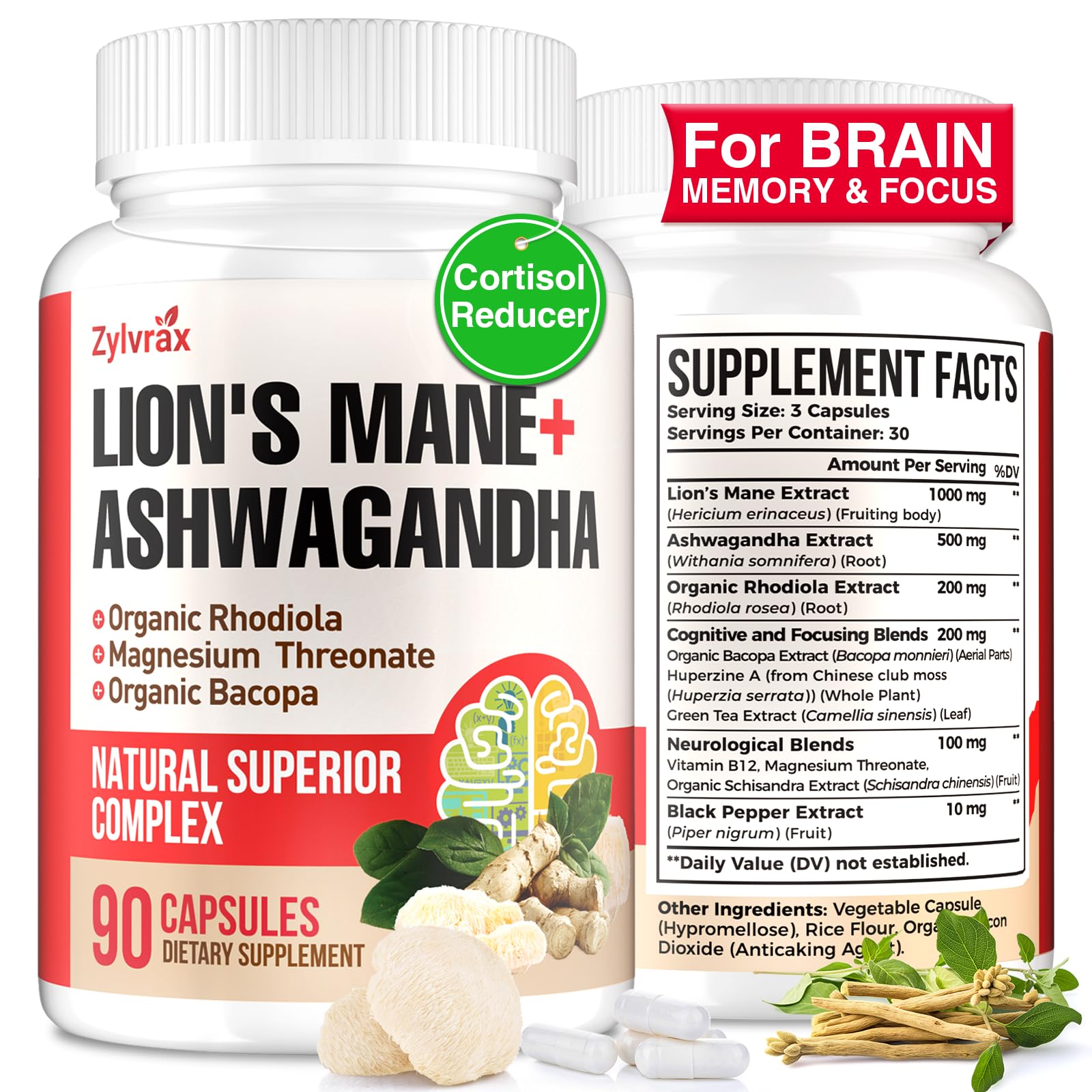 Ashwagandha Lions Mane Supplements Capsules Brain Supplements for Memory and Focus Ashwagandha with Rhodiola Rosea for Cognitive Immune