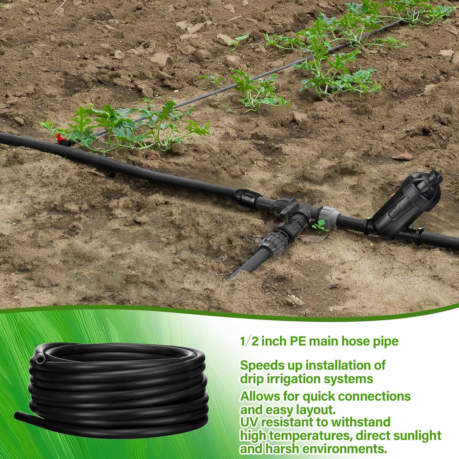 Treela 500ft Automatic Drip Irrigation System Kit for Watering Row Crops, Garden Watering Misting System with 5/8 inch Drip Tape Water Timer and Accessories, Waters Upto 10 20' Rows