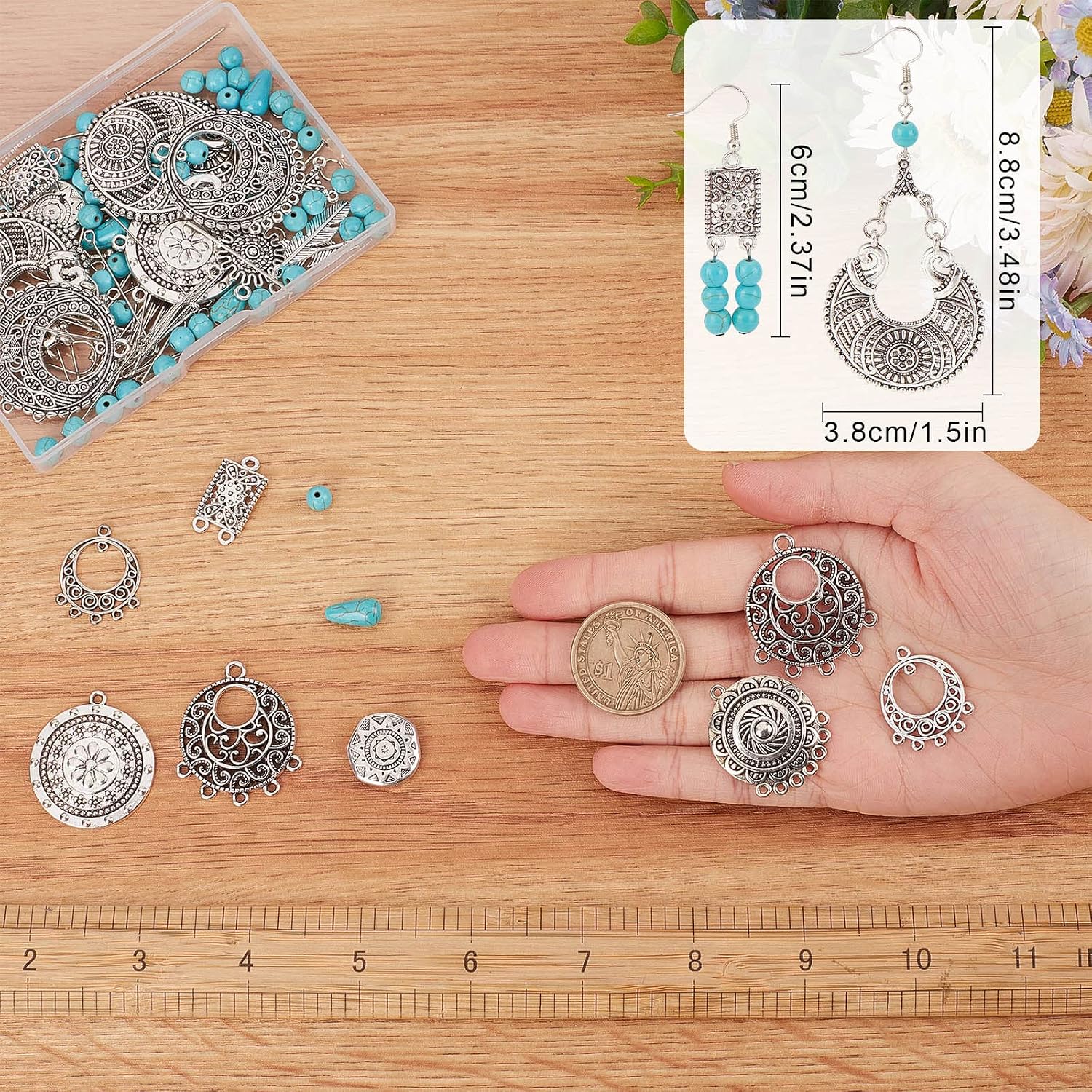 SUNNYCLUE 1 Box DIY 10 Pairs Tibetan Style Chandelier Charms Earrings Making Kit Flower Charm Flat Round Linking Charm Synthetic Turquoise Beads Feather Charms for Jewelry Making Kits Adult Women