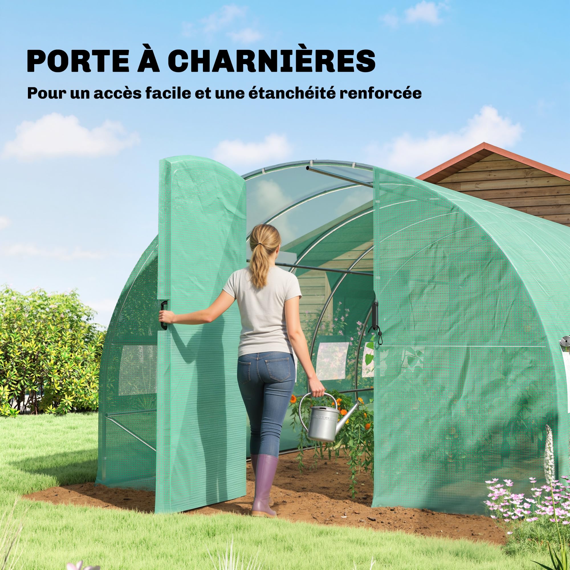 Outsunny Tunnel Serra da Giardino 18 m² 295x597x200 cm 2 Porte Verde | 12 finestre con zanzariera, telo in PE ad alta densità 140 g/m², bordo 20 cm, per uso esterno