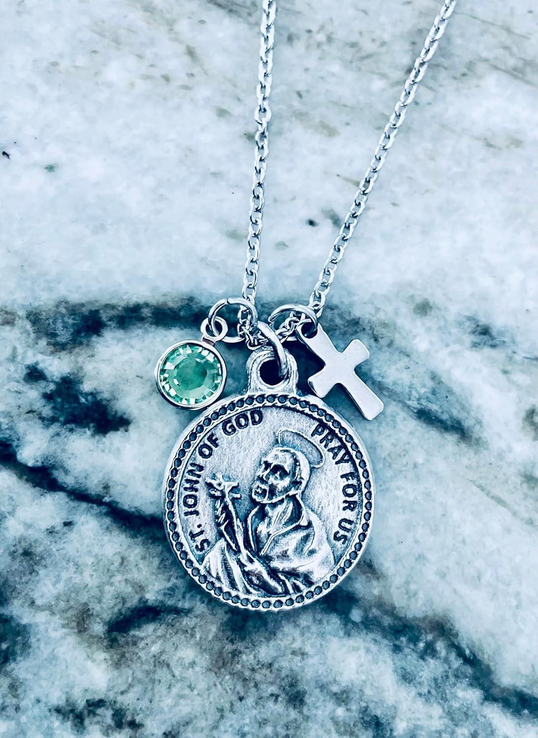 Saint John of God Necklace – Silver Medal Pendant with Cross and Birthstone Charm – Catholic Patron Saint of the Sick Jewelry, Confirmation or Baptism Gift - Image 6