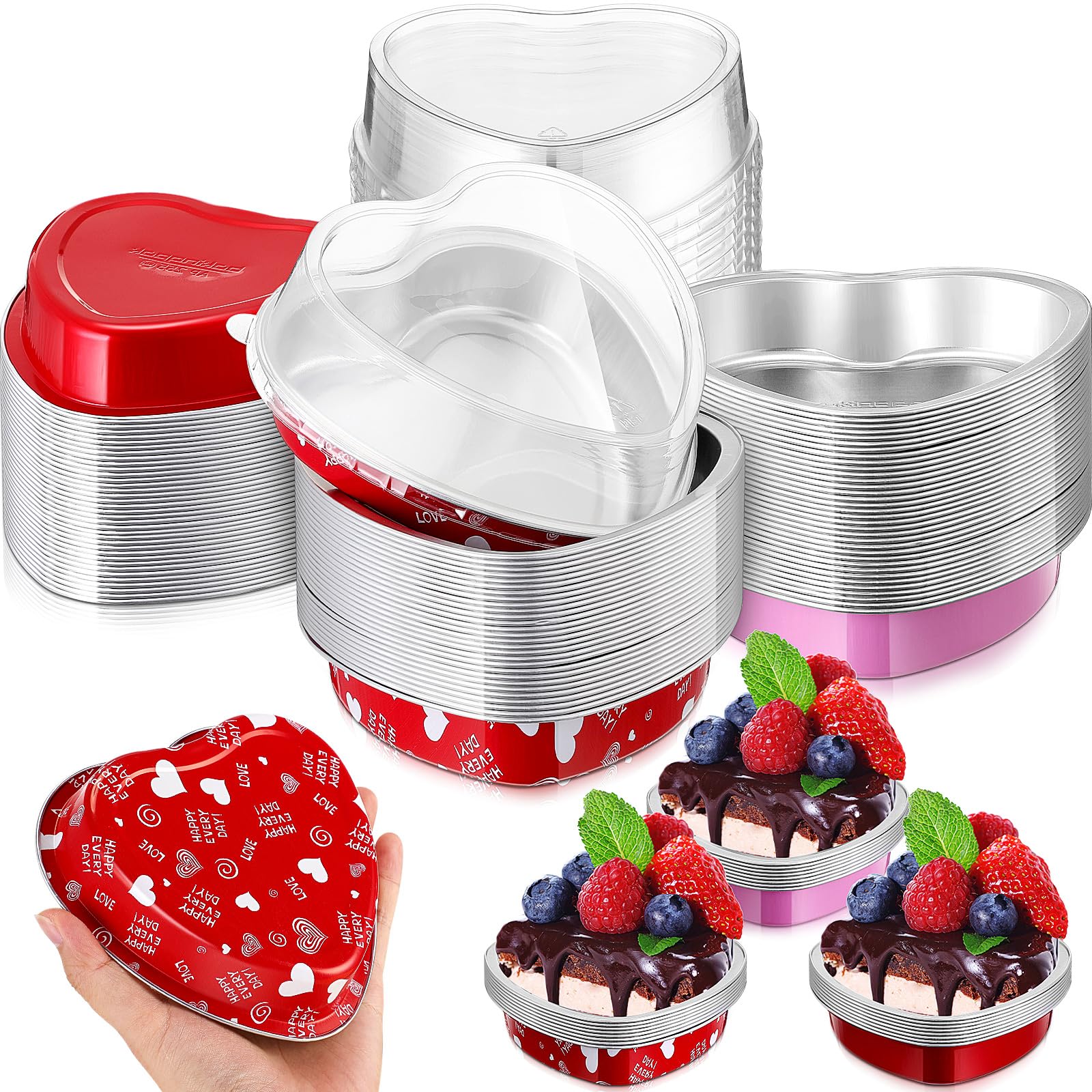 Herzförmige Kuchenformen Mit Deckel – 50 Sets Alu-Backformen, 100 Ml, Inkl. 100 Rote Blütenblätter | Für Valentinstag & Partys