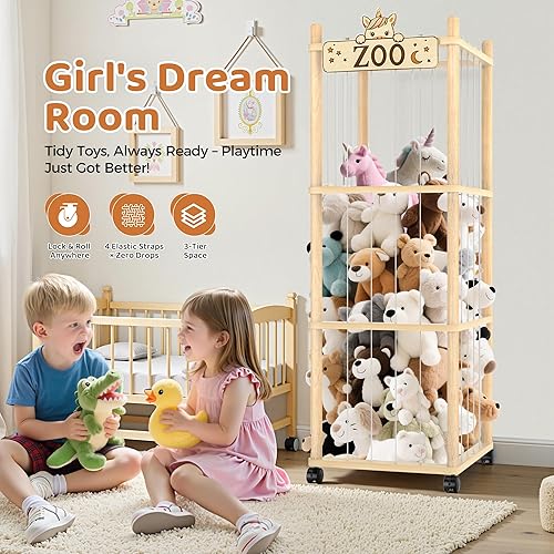 Miniatura 3 de Torre del zoológico de almacenamiento de animales de peluche, organizador grande de madera de 56 pulgadas con ruedas, almacenamiento de peluches con