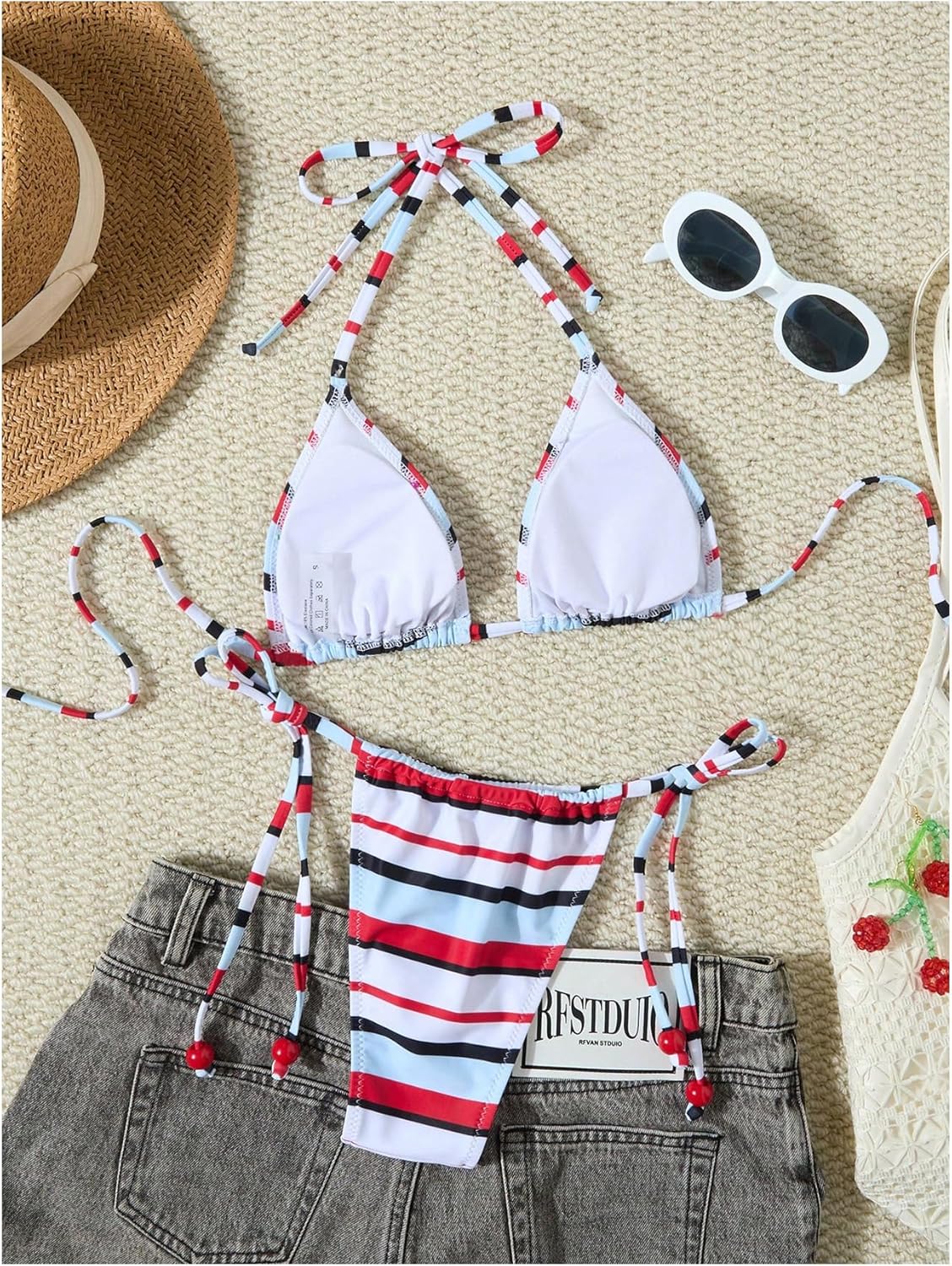 MakeMeChic Women's Striped Triangle Thong Micro Bikini Sets Halter Swimsuits Bathing Suit - Image 4