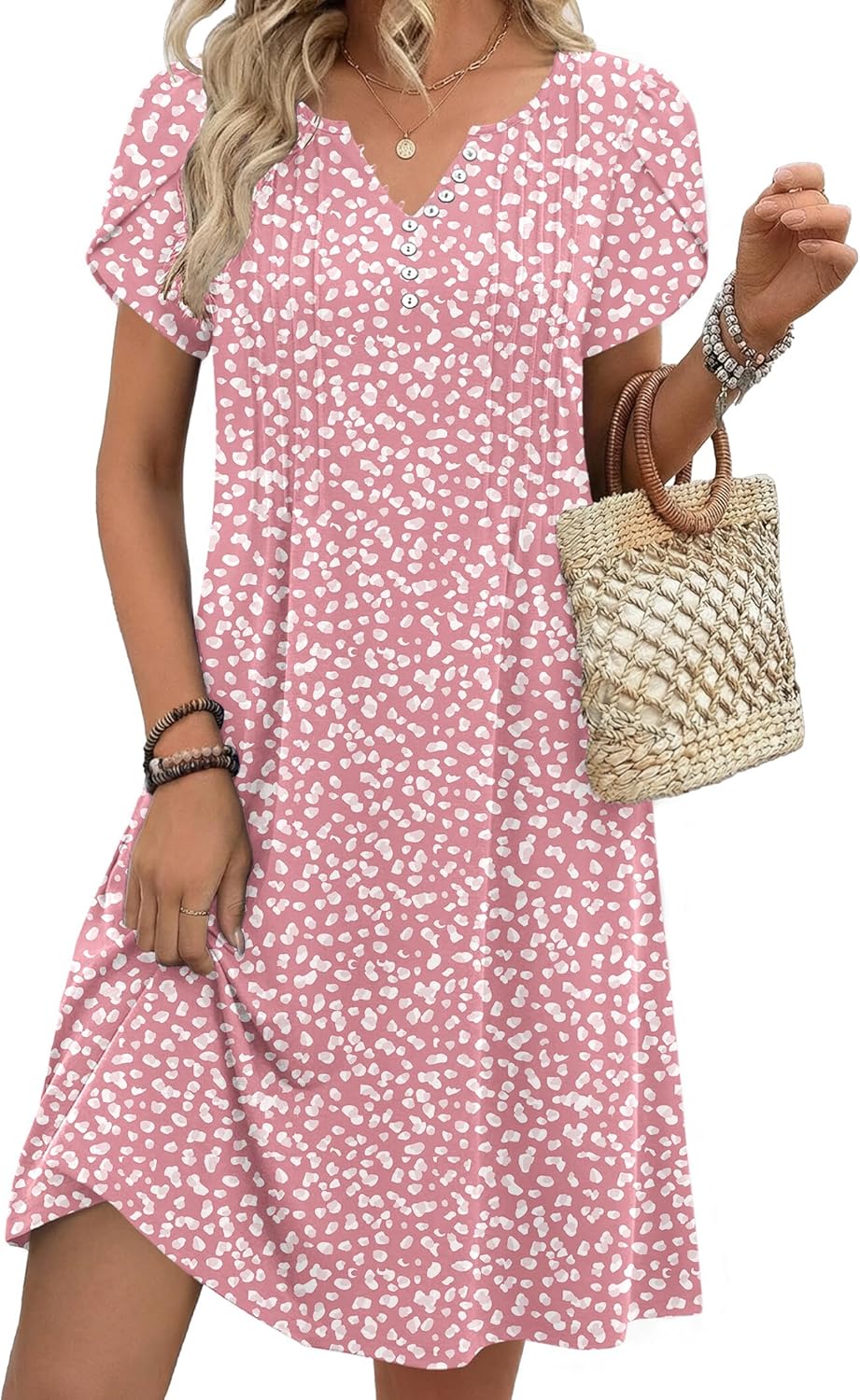 Zeagoo Women's Casual Dresses with Pockets Summer Floral V-Neck A-Line Tshirt Dress Short Sleeve Mini Dress Beach Sundress - Image 2