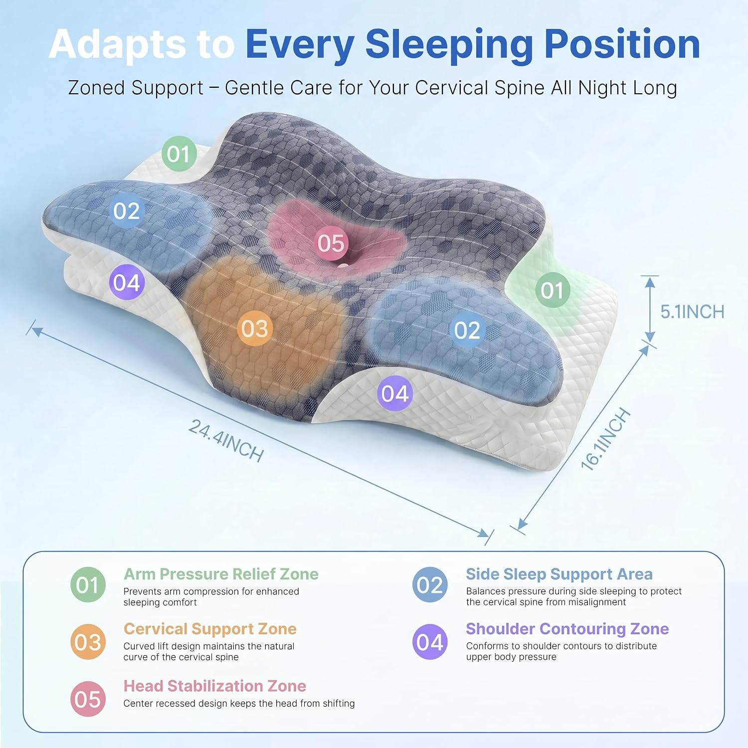 CHANCEE Cervical Pillow for Neck Pain Relief, Ergonomic Memory Foam Neck Pillow with Graphene Fabric Cover, Adjustable Orthopedic Bed Pillows for Side, Back, Stomach Sleepers