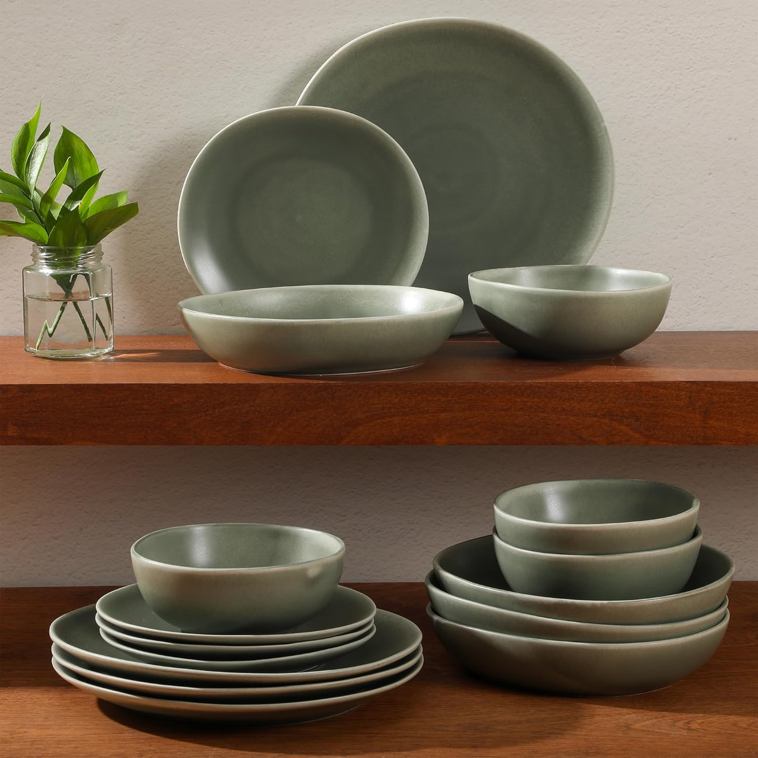 Gibson Elite Zion Mist 16 Piece Stoneware Reactive Glaze (Service for 4) Ceramic Plates and Bowls Modern Organic Dinnerware Set - Green - Image 5