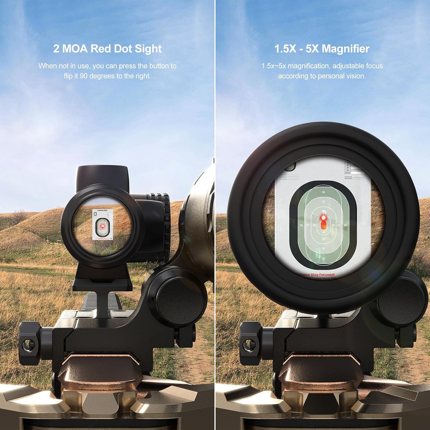 Feyachi V90 Viseur Point Rouge avec M57 1.5X - 5X Loupe Combo, 1 x 25mm Red Dot et Loupe Combo Monture Flip intégrée Absolute Co-Witness