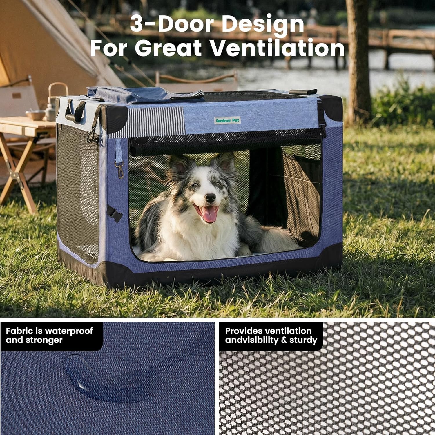 Gardner Pet Soft Collapsible Dog Crate - 30 Inch Portable Travel Dog Crate for Small/Medium Dogs Indoor & Outdoor, 3-Door Pet Crate with Durable Mesh Windows & Storage Bag, Blue Blue 30.0"L x 21.0"W x 21.0"H