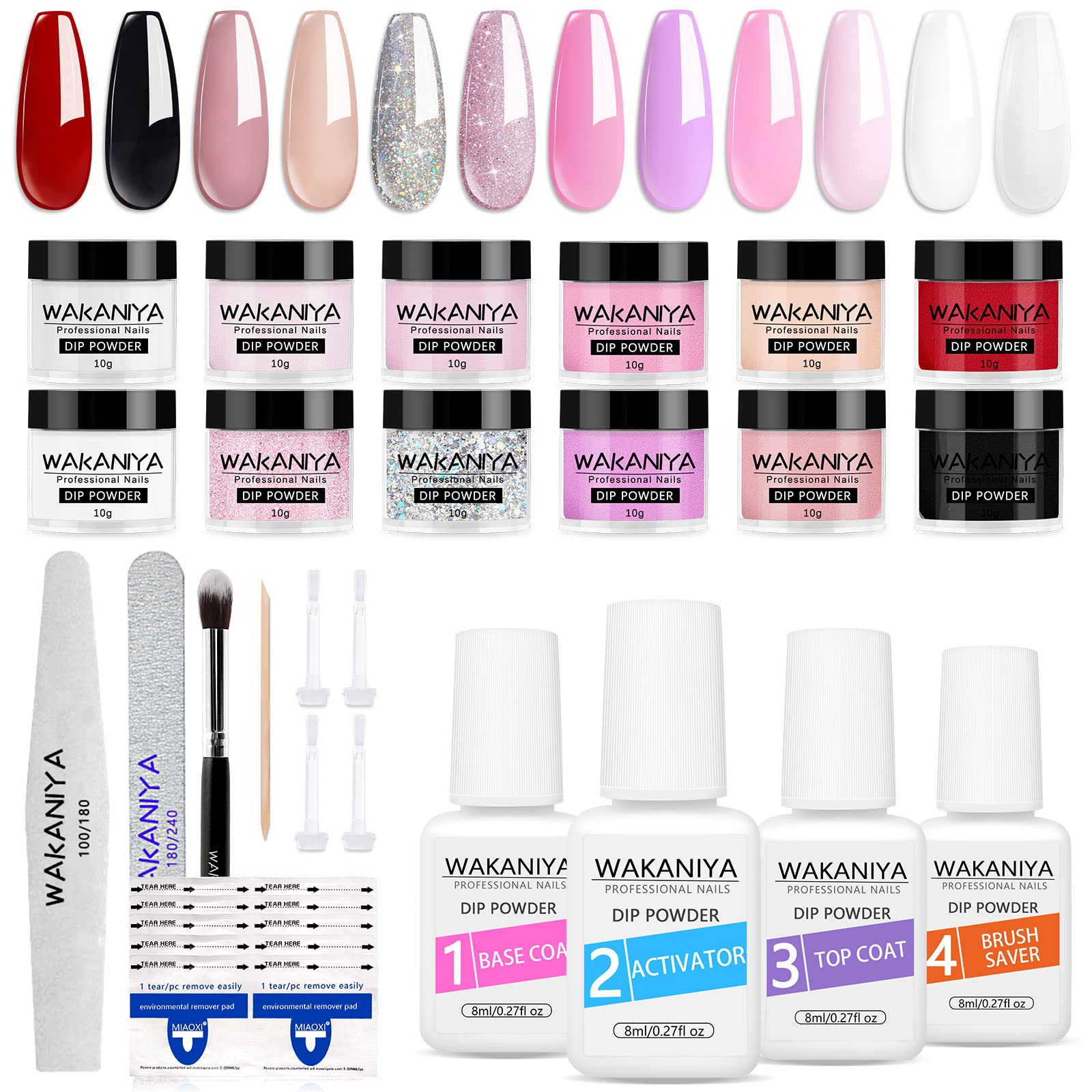 Kit de inicio de polvo para inmersión de 12 colores, kit de herramientas, polvo de inmersión de brillo desnudo blanco transparente para kit de manicura de arte de uñas francés