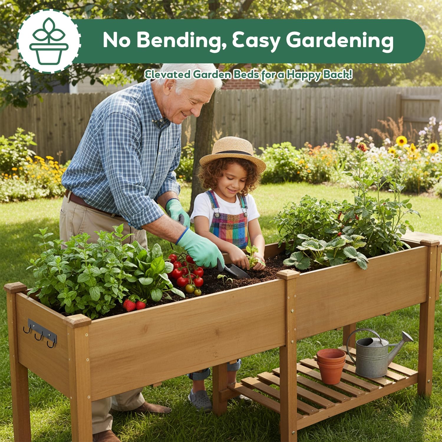 PetsCosset Raised Garden Bed with Legs, Wood Elevated Planter Box with Storage Shelf & Bed Liner, Hanging Hooks for Vegetables Flowers Herbs, Outdoor Patio & Backyard Use